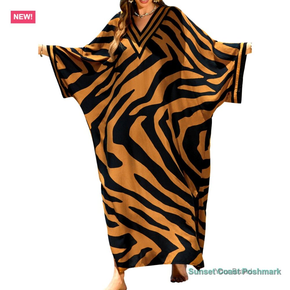 Viscose Plus Size Kaftan Dress Beach Cover Up with V-Neck